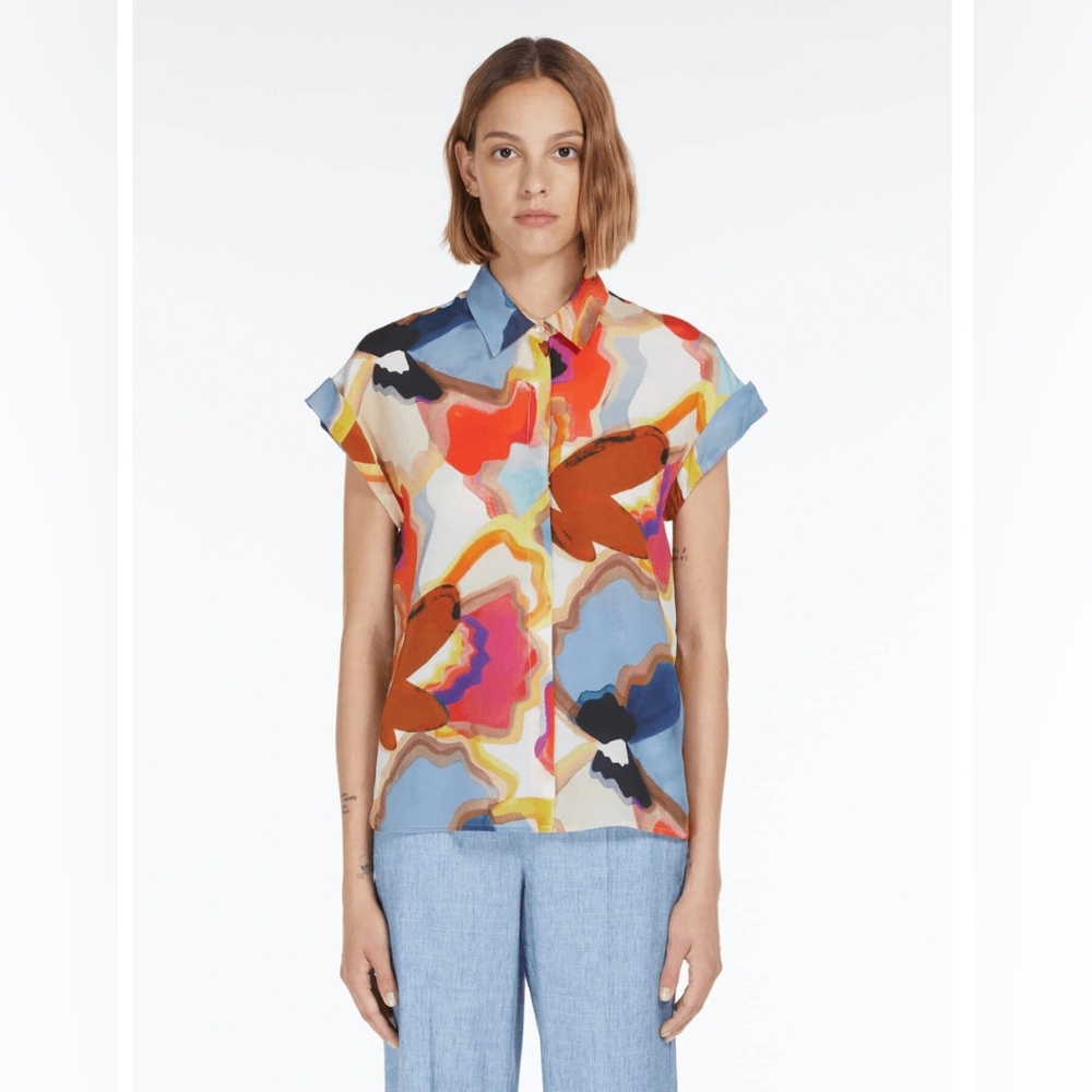 Marella Silk Art Print Blouse Italian Designer Top L